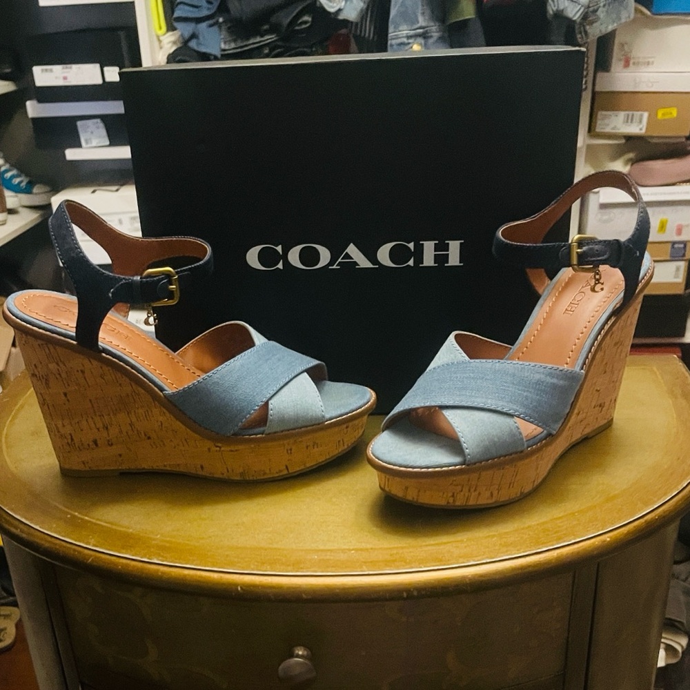 Coach Denim and Tan Cork Wedges
